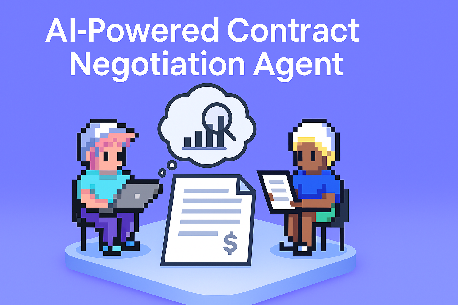 AI-Powered Contract Negotiation Agent - two professionals using laptops for contract renewal negotiations with data analysis and dollar sign document