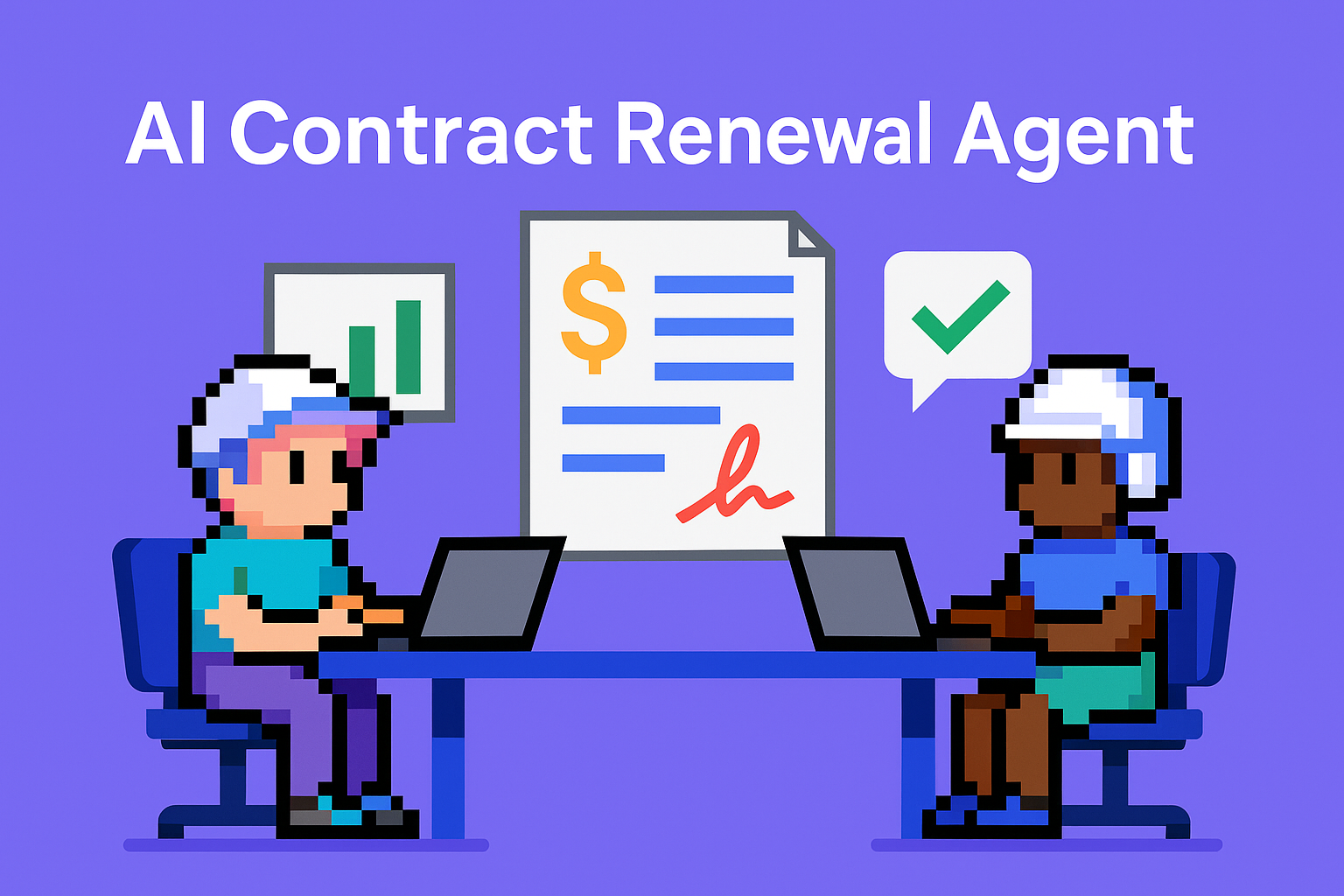 AI Contract Renewal Agent - Two professionals using AI-powered contract renewal negotiation tools with data analytics and approval icons