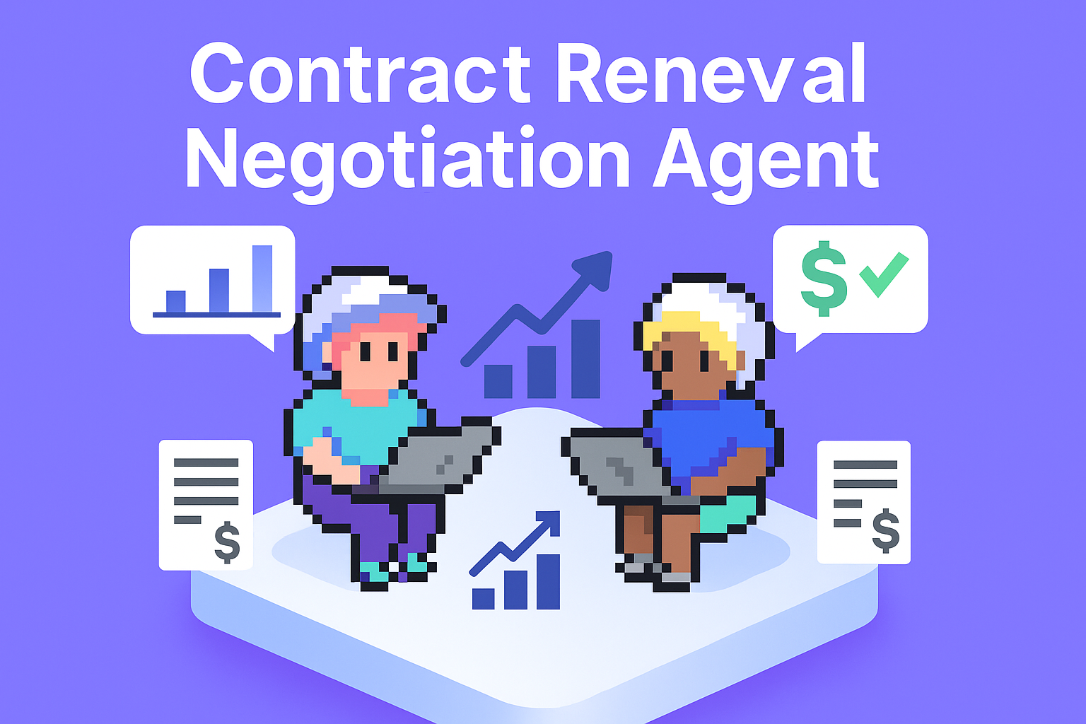 Contract Renewal Negotiation Agent - two key account managers using AI-powered laptops with financial graphs and contract documents for automated contract renewal negotiation