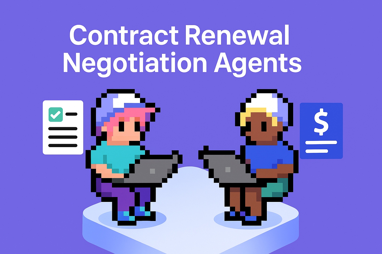 Contract Renewal Negotiation Agents - Two AI-powered Key Account Managers using laptops with checklist and contract dollar sign icons for automated contract renewal meetings