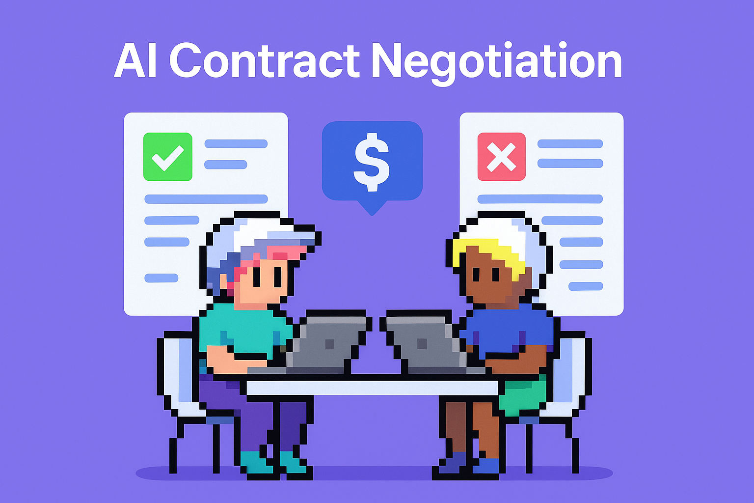 AI Contract Negotiation illustration showing two professionals using laptops for contract renewal negotiation with approval documents and dollar sign representing automated contract analysis and pricing optimization