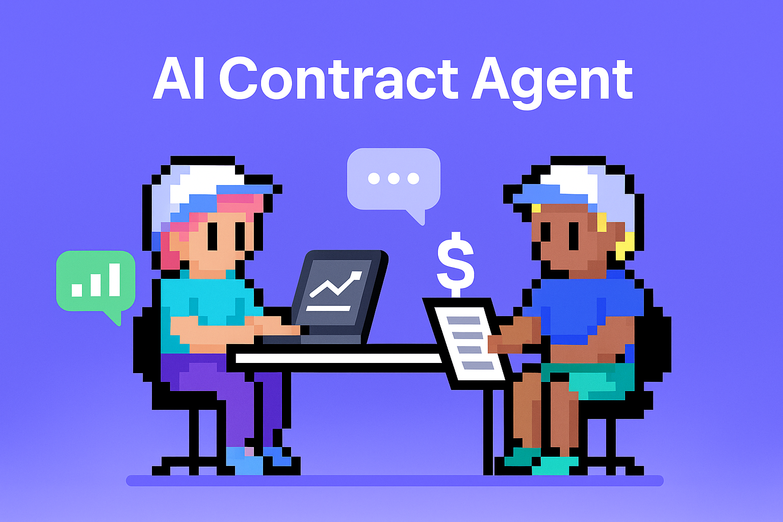 AI Contract Agent - two professionals using contract renewal negotiation software with laptop showing performance graphs and dollar sign document for key account managers
