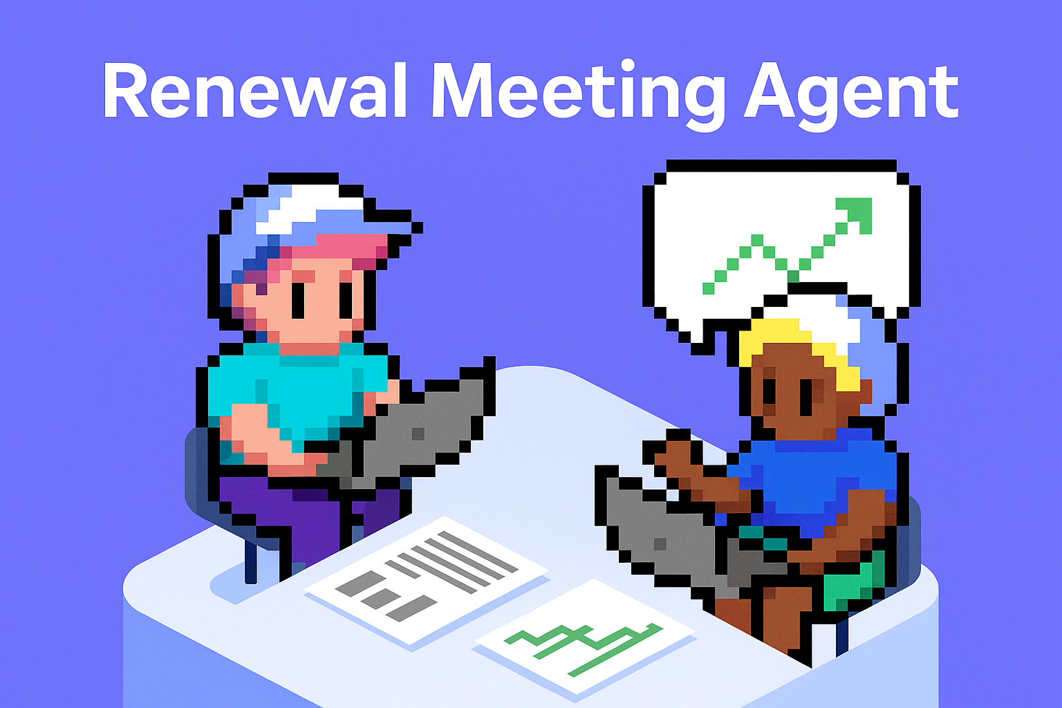 Renewal Meeting Agent - AI-powered contract renewal process with two professionals discussing contract strategy and analytics at meeting table