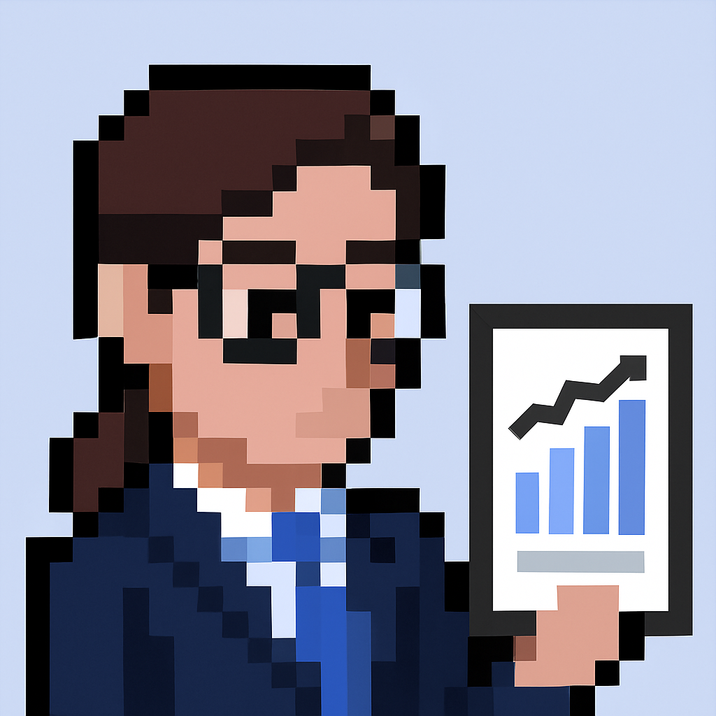 Content audit strategy AI agent avatar - professional pixel art character with glasses holding performance analytics chart for content strategy managers