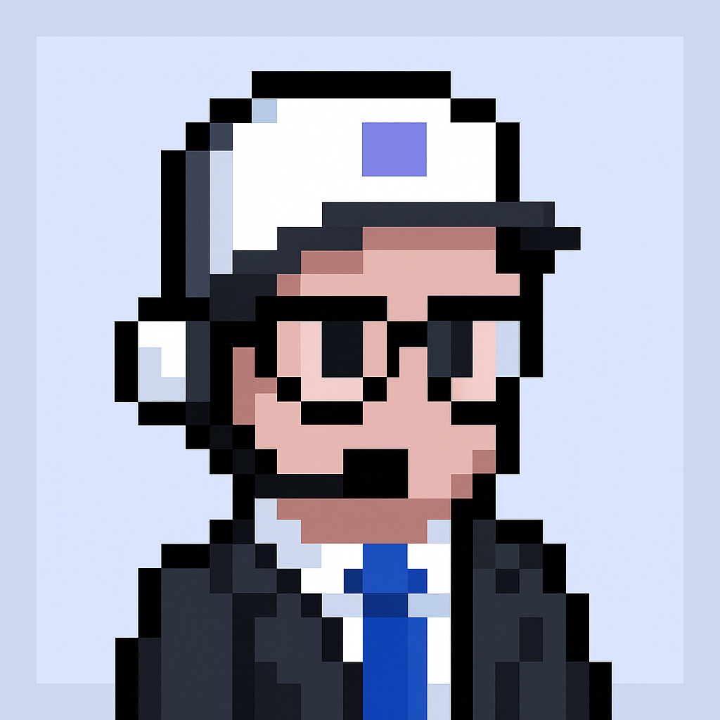 Professional pixel art avatar of contract renewal meeting agent for chatbot support managers wearing business suit and glasses