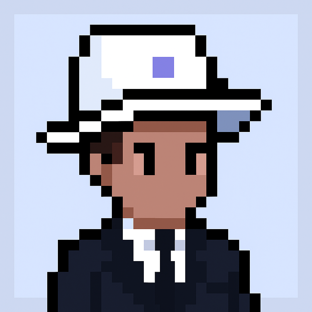 Contract renewal meeting agent avatar - professional AI assistant for brand managers wearing black suit and white hat with purple accent on light blue background