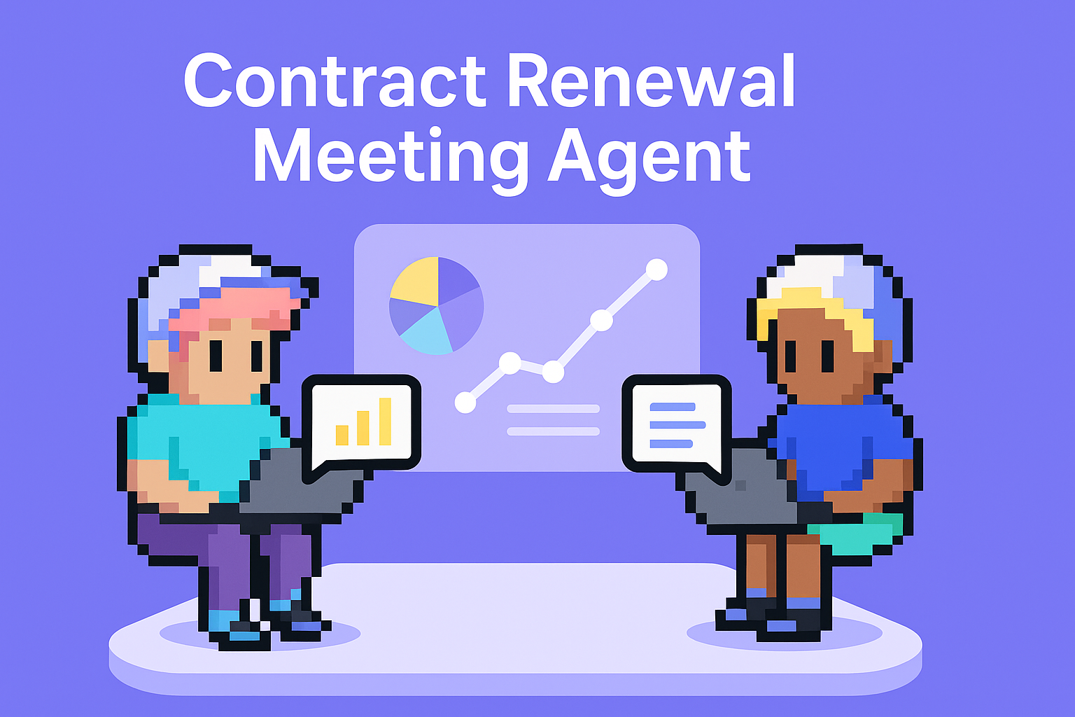 Contract Renewal Meeting Agent - Two AI agents analyzing chatbot performance data with pie charts and graphs for contract negotiation automation