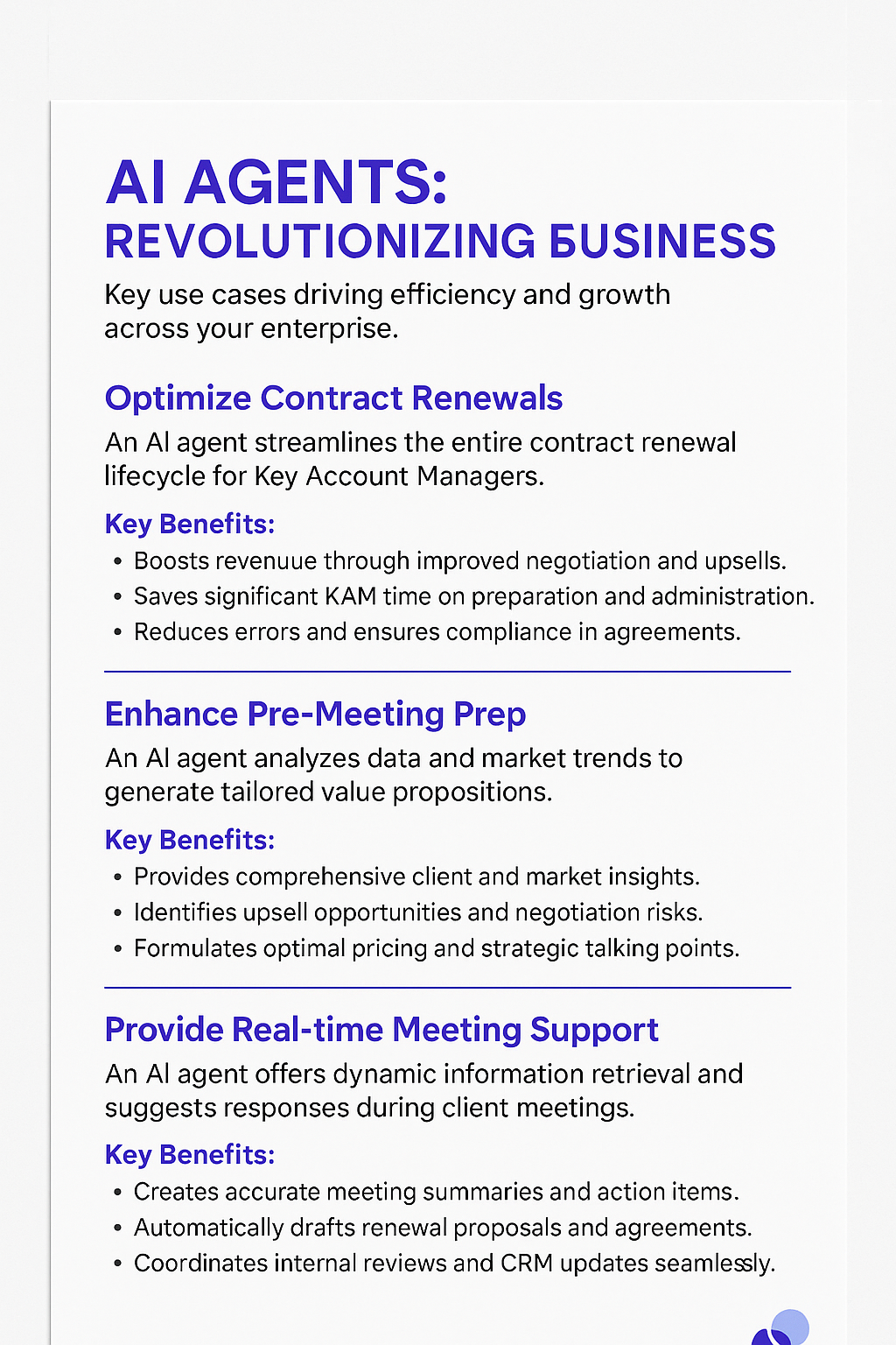 AI Agents Revolutionizing Business infographic showing contract renewal optimization, pre-meeting preparation enhancement, and real-time meeting support for key account managers