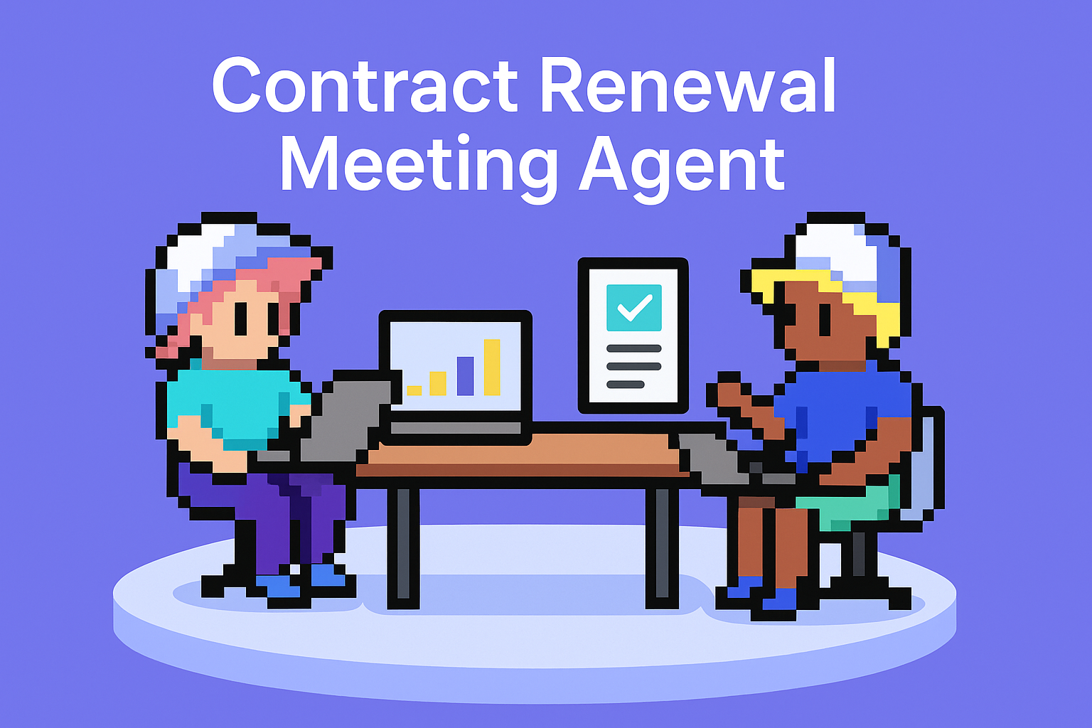 Contract Renewal Meeting Agent - two business professionals with laptops analyzing contract performance data and negotiation documents for brand managers