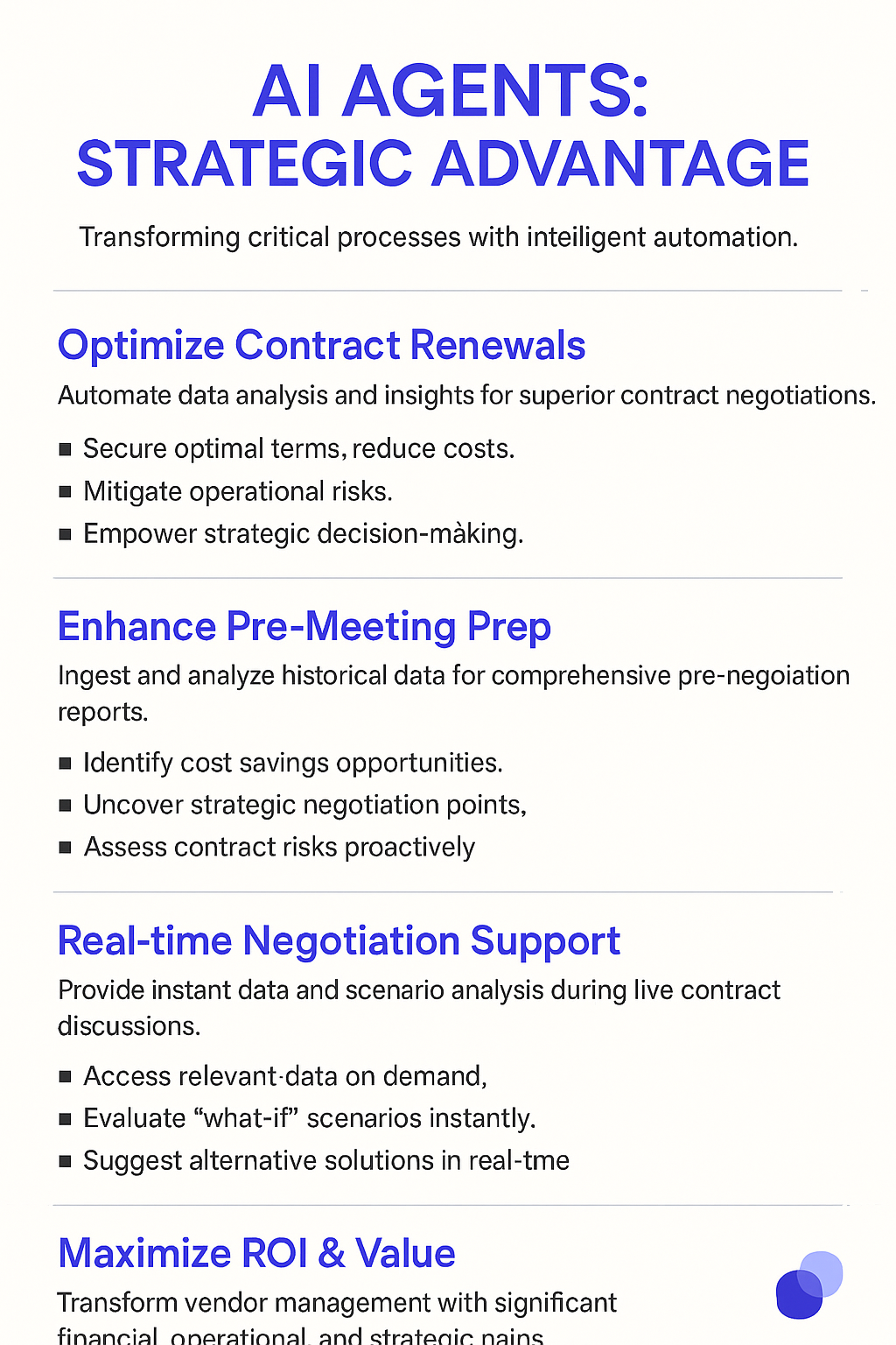 AI Agents Strategic Advantage infographic for contract renewal automation - optimize renewals, enhance pre-meeting prep, real-time negotiation support, maximize ROI through intelligent automation