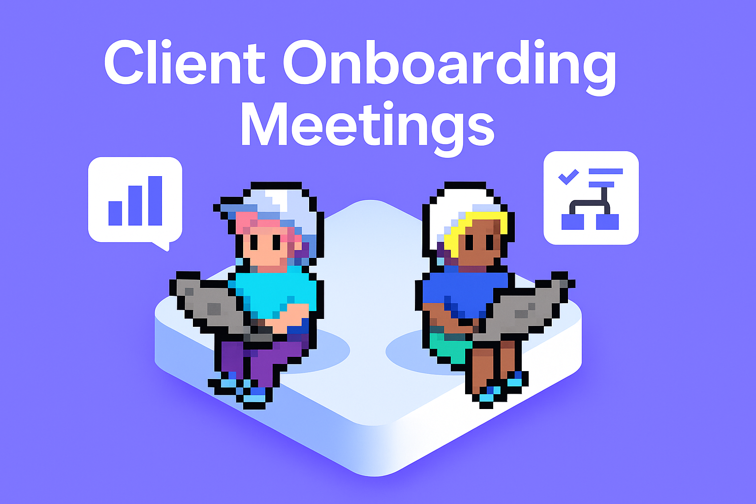 Client Onboarding Meetings - Two AI agents collaborating on laptops with analytics and checklist icons, demonstrating automated client onboarding process for Key Account Managers
