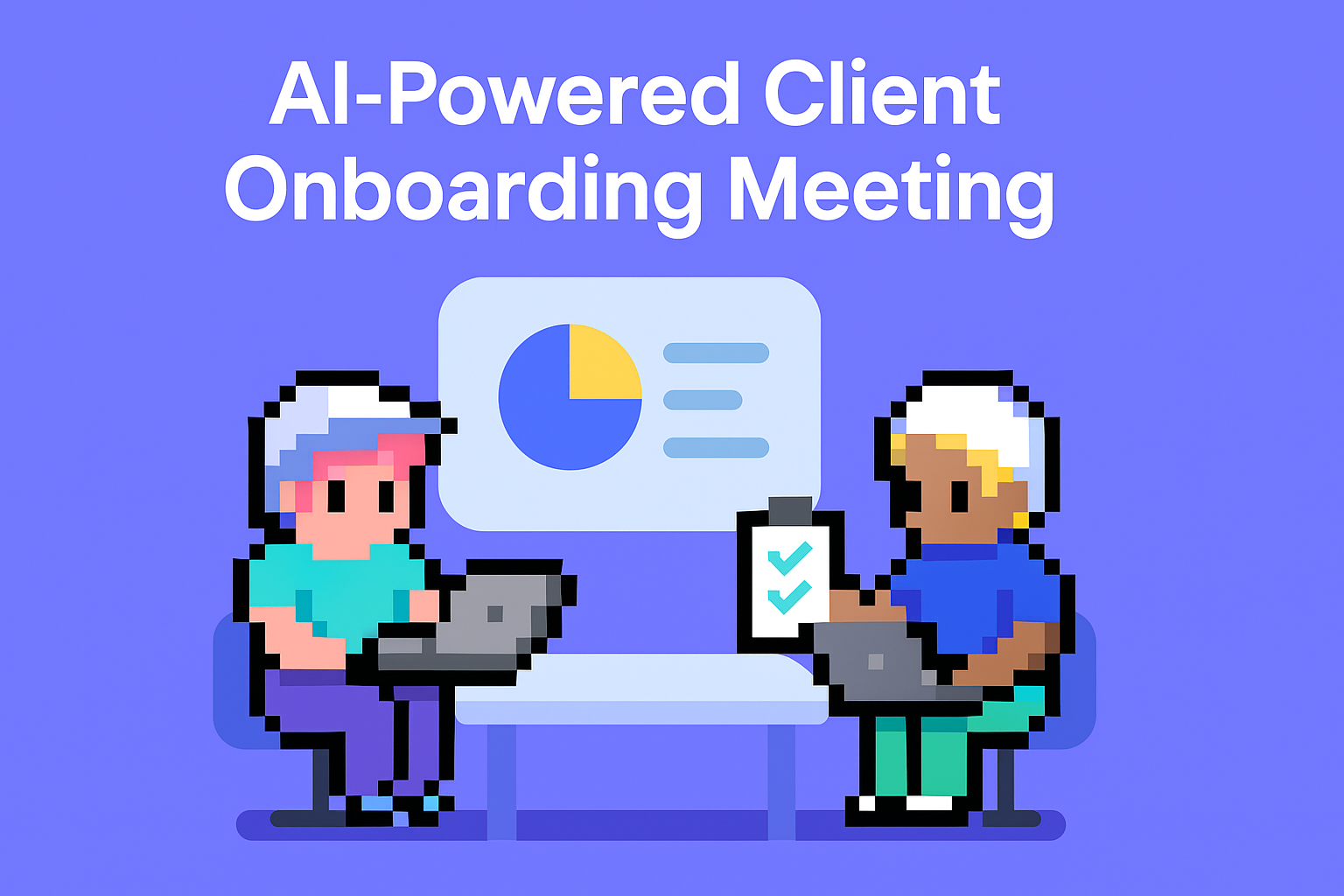 AI-Powered Client Onboarding Meeting - two key account managers using AI agents for automated client onboarding with presentation screen showing data analytics