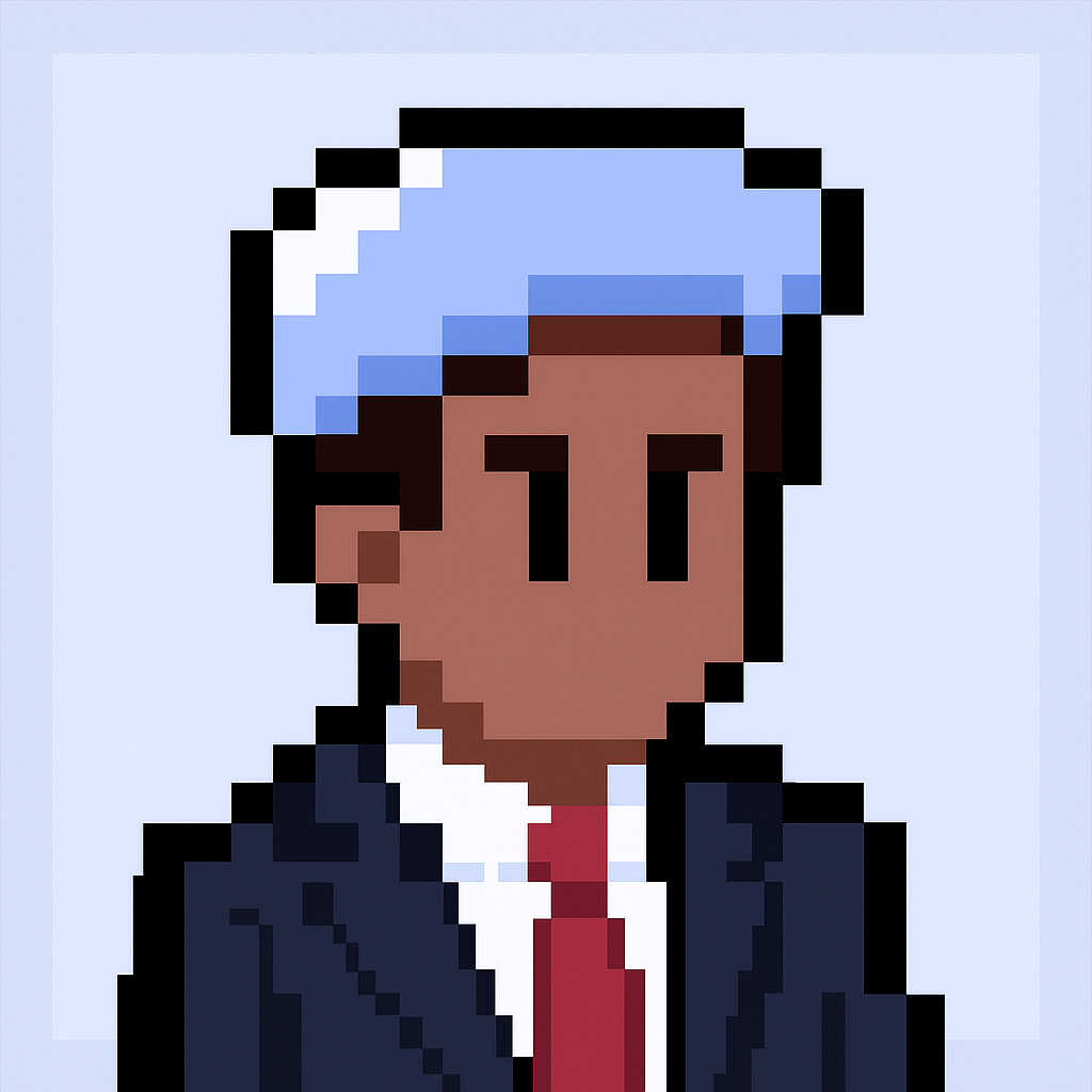 Professional AI agent avatar for client onboarding implementation meeting agent - pixel art character in business suit representing Key Account Manager automation