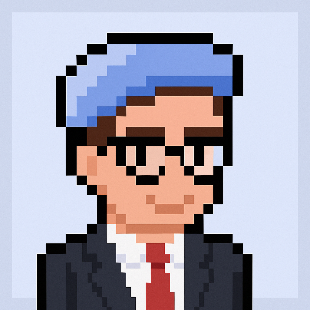 Professional channel partner manager AI agent avatar with brown hair, blue beret, black glasses and business suit for account planning strategy sessions