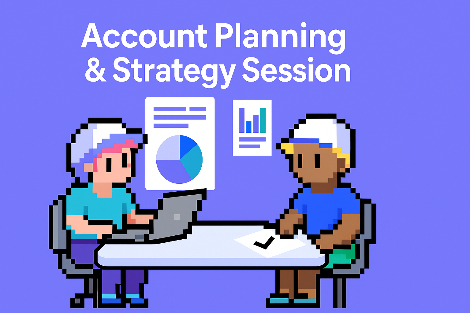 Account Planning & Strategy Session illustration showing two professionals collaborating with laptop and charts to define customer account plan using AI agents