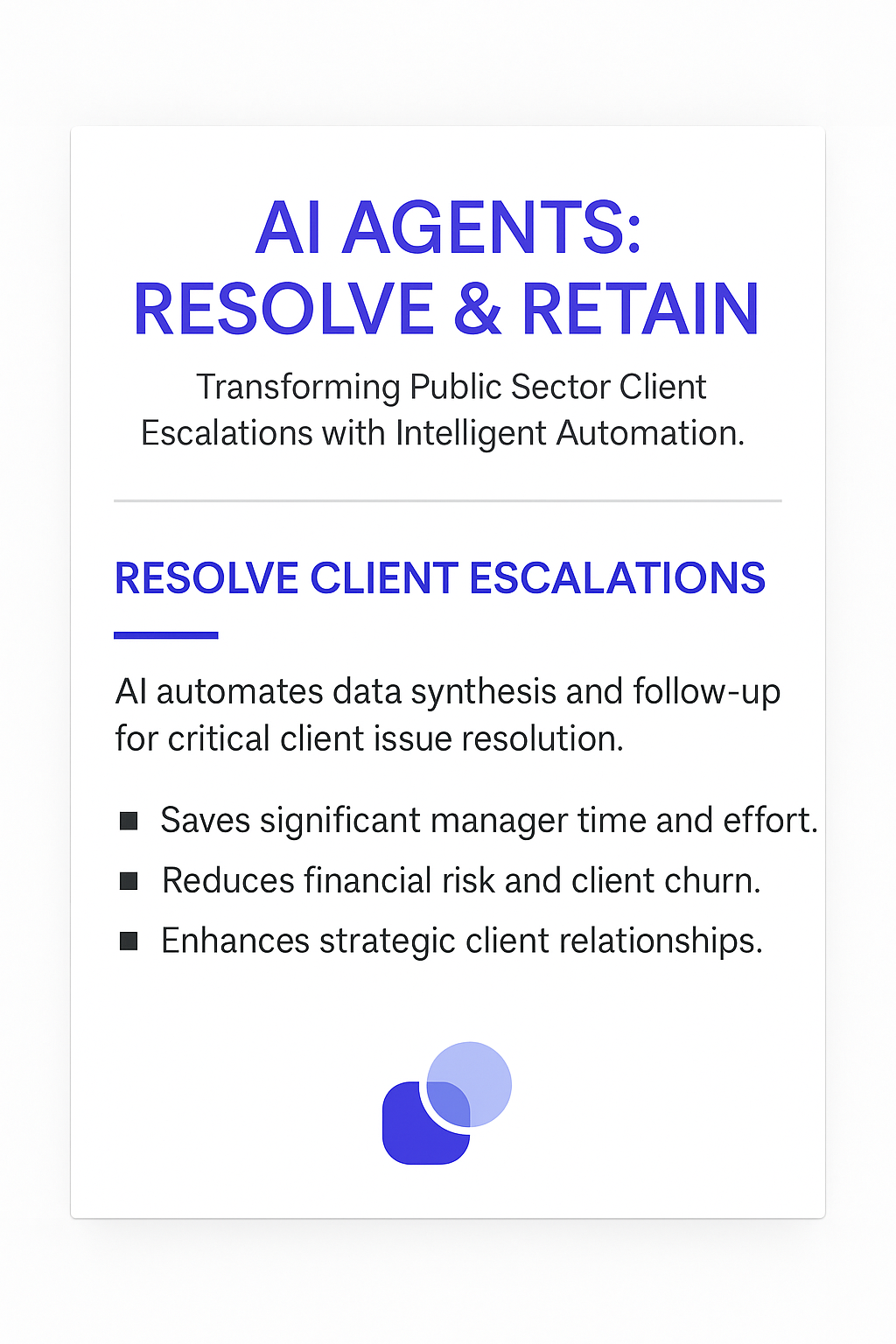 AI AGENTS: RESOLVE & RETAIN infographic showing escalation team benefits for public sector client escalation resolution and complaint escalation automation