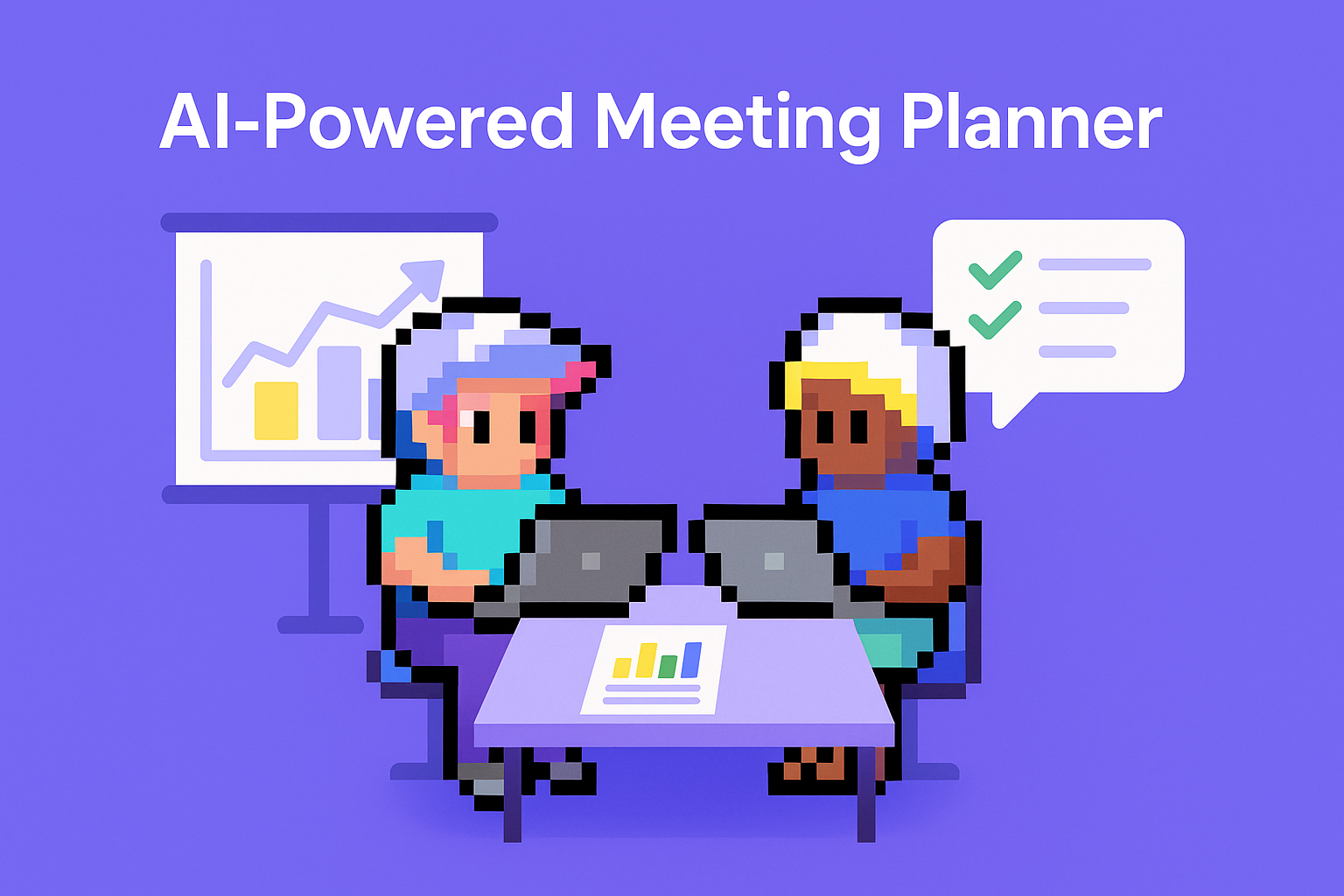 AI-Powered Meeting Planner - two key account managers collaborating with laptops and presentation board showing account strategy plan data analysis