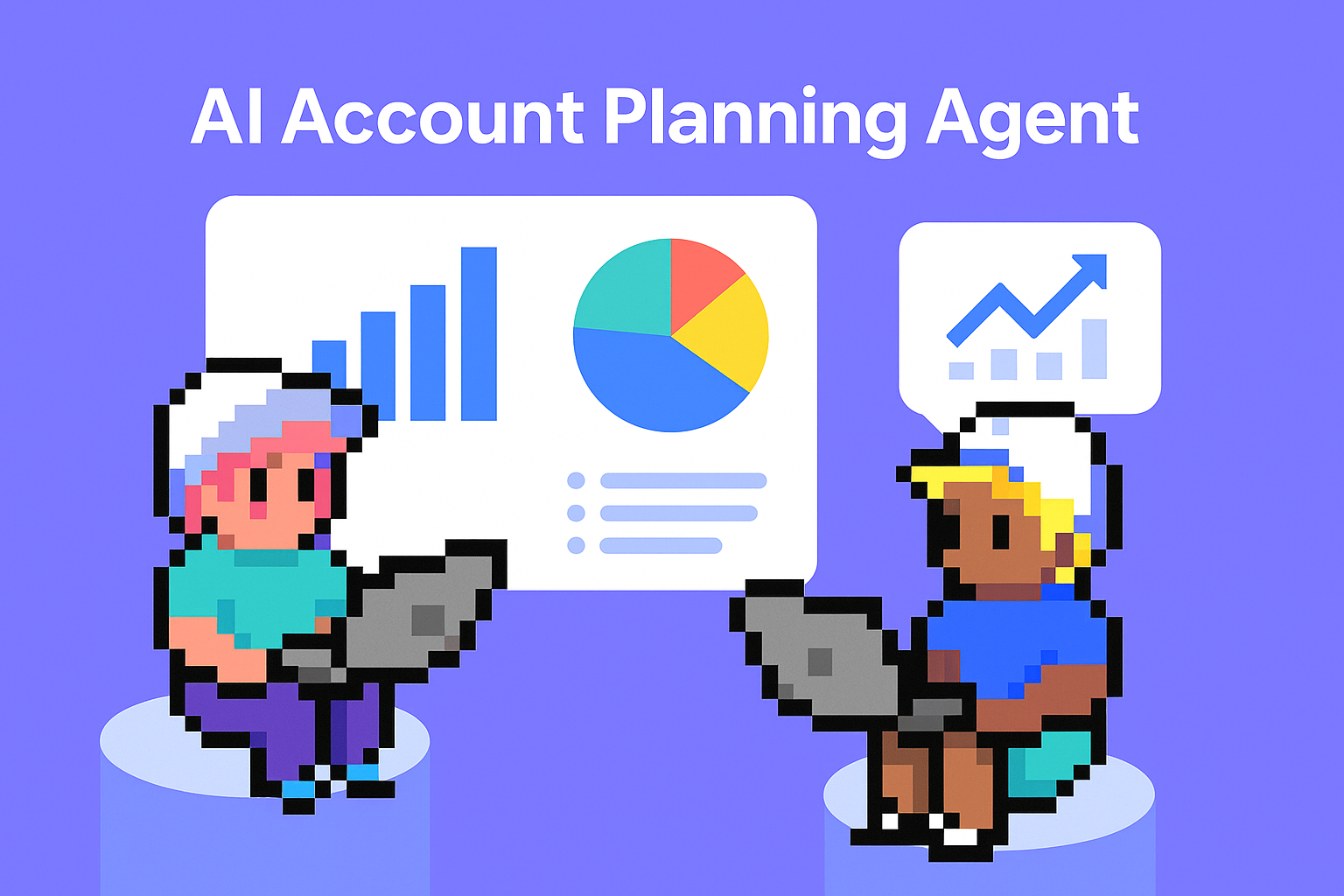 AI Account Planning Agent - two customer portfolio managers using laptops with data analytics charts and graphs for automated account planning and strategic meeting preparation