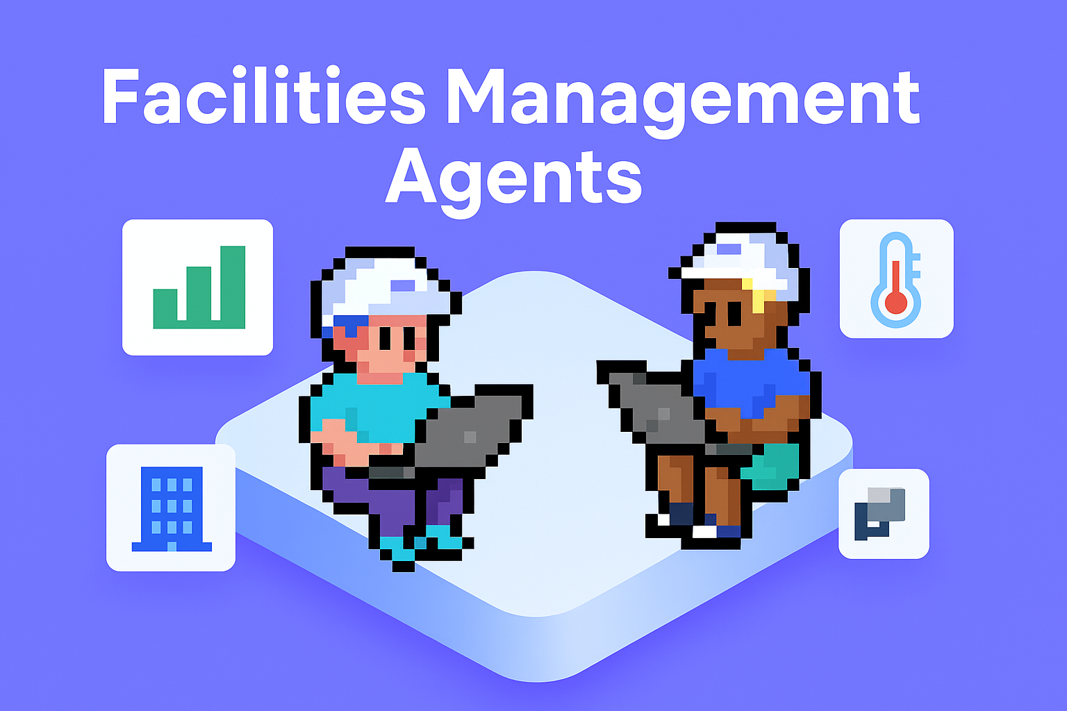 Facilities Management Agents - Two AI facility managers working on laptops with building systems icons including thermometer, bar graph, building, and pipe representing smart building operations and predictive maintenance