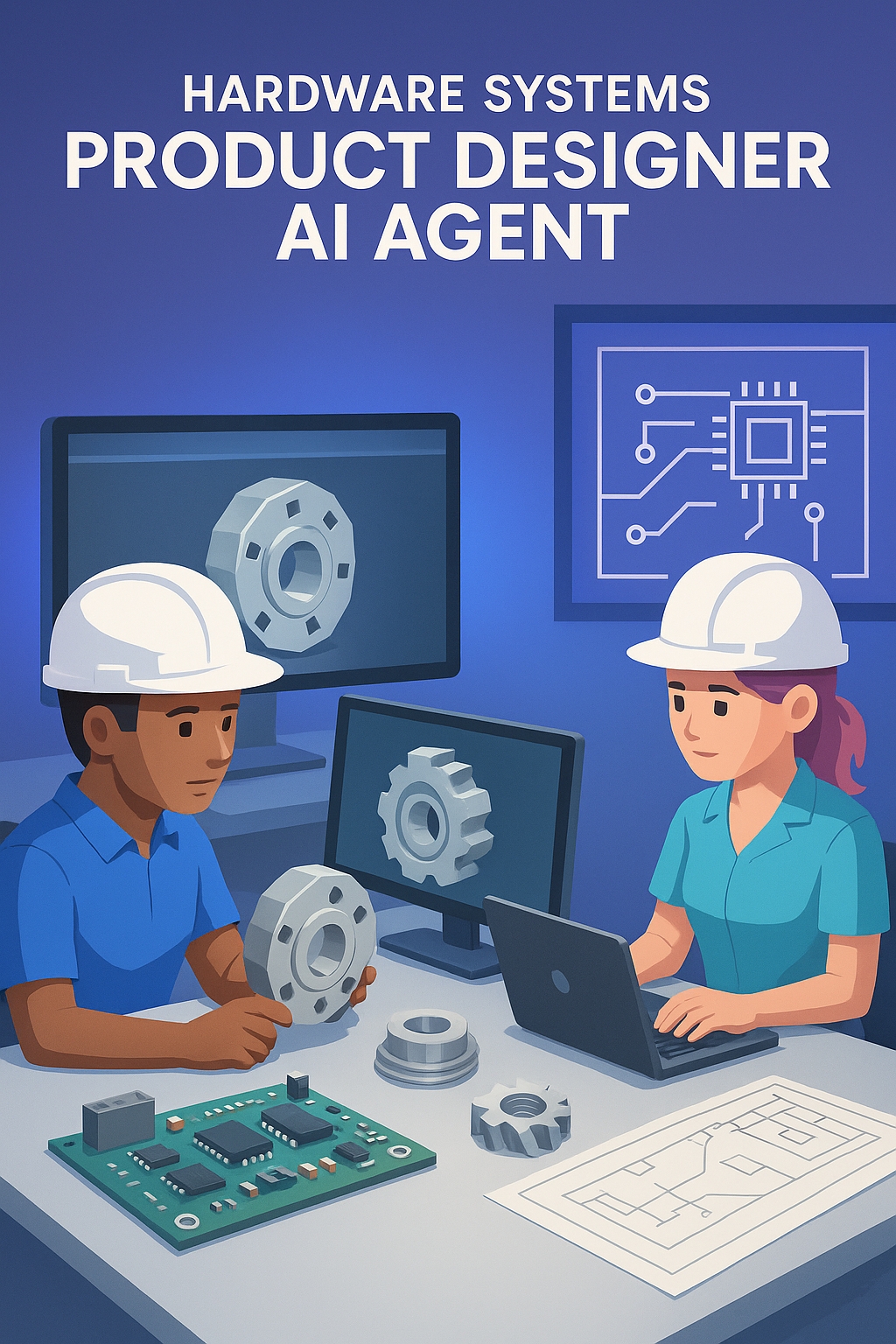 Hardware Systems Product Designer AI Agent header image showing modern workspace with AI-powered design tools, 3D CAD models, circuit boards, and mechanical components representing innovation in hardware design