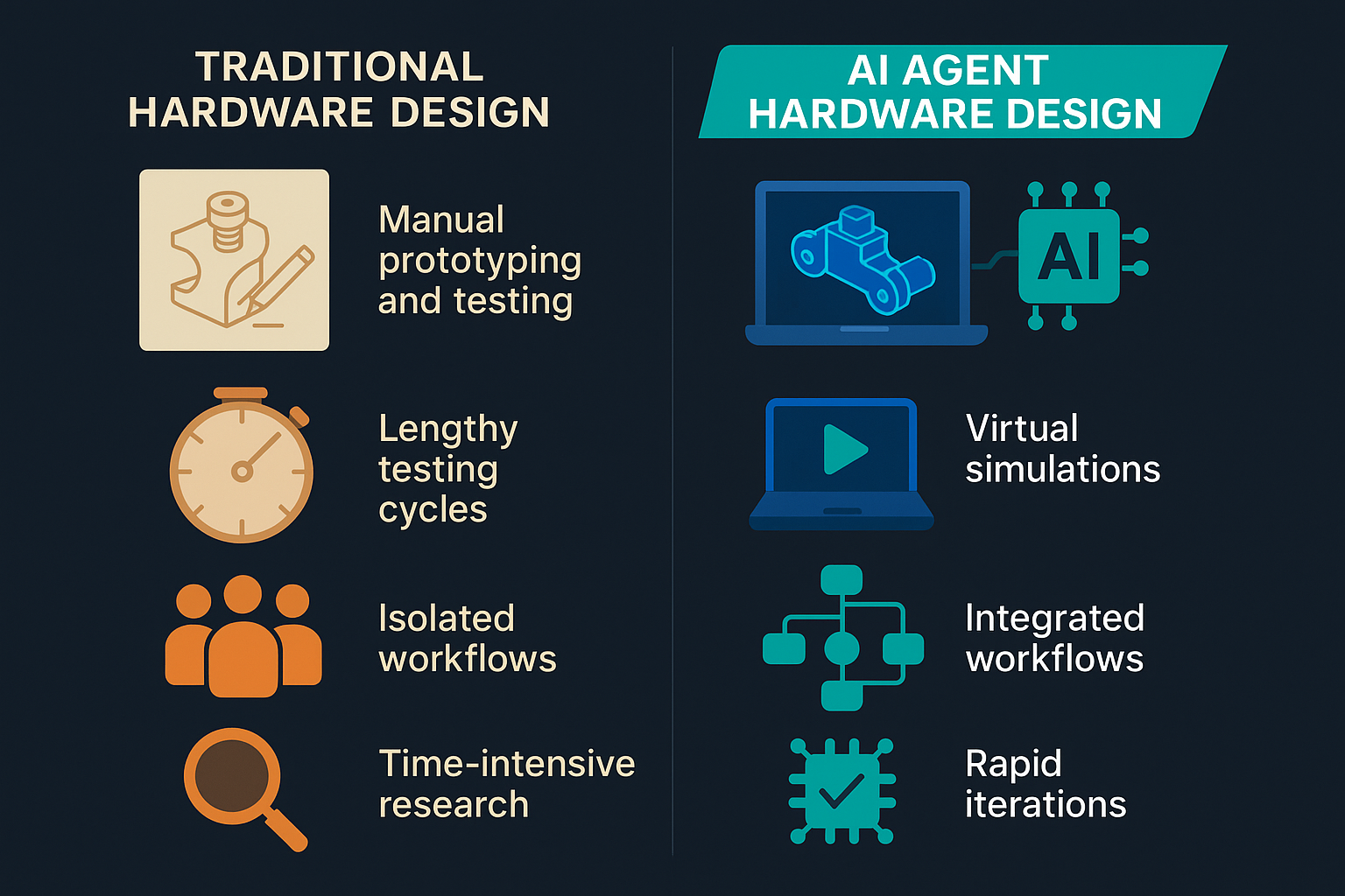 Traditional vs AI Agent Hardware Design comparison table showing manual prototyping vs automated optimization, limited iteration vs rapid simulations, isolated workflows vs integrated design processes