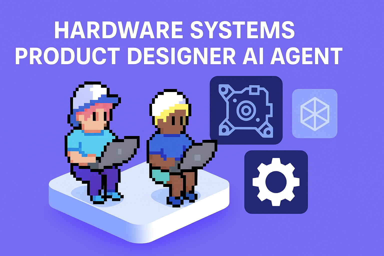 AI agents collaborating on hardware product design with generative design, CAD, and simulation tools. Title at top center.