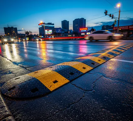 Foto de qué es un reductor de velocidad y su ejemplo en la vía pública en un atardecer con vehículos de fondo