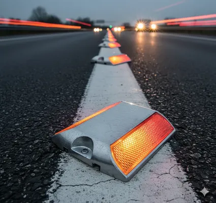 Vialetas reflectantes iluminan una carretera mojada, guiando vehículos con luz y visibilidad nocturna. Tipos de vialetas para la seguridad.