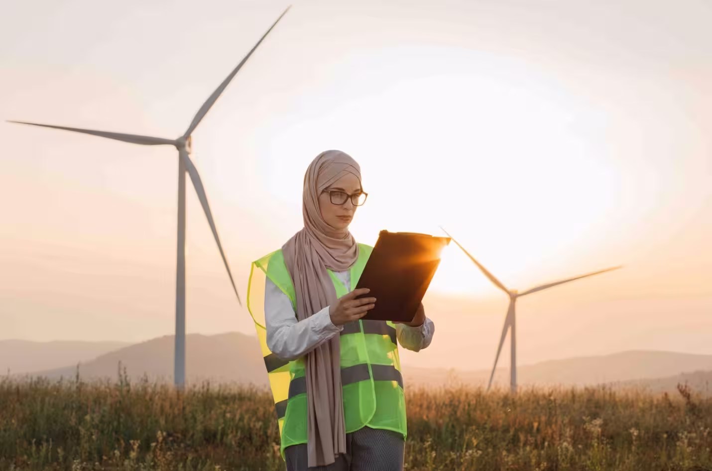 Technician using a tablet near wind turbines in a field