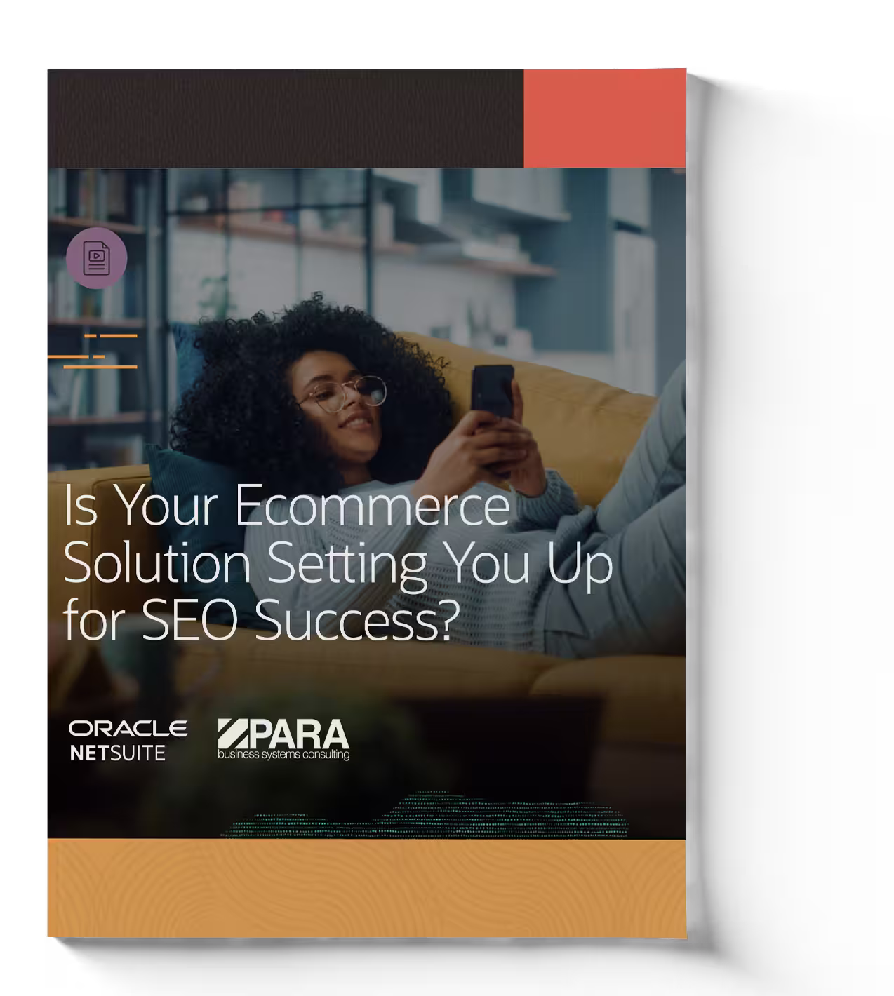 Cover graphic with text “Is Your Ecommerce Solution Setting You Up for SEO Success?” and person using a phone on a couch