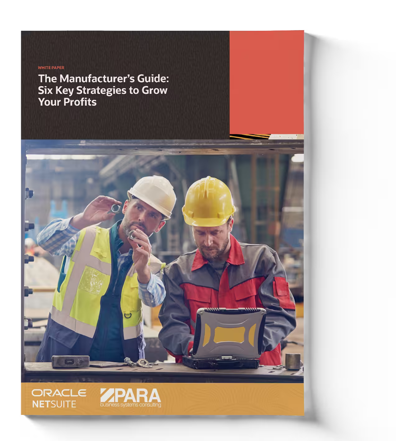 Cover graphic with text “The Manufacturer’s Guide: Six Key Strategies to Grow Your Profits” and workers inspecting parts in a factory
