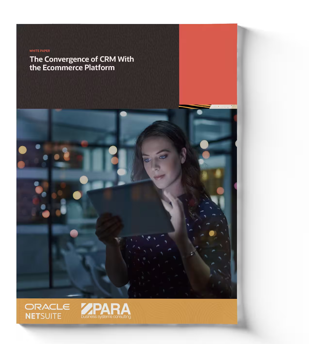 Cover graphic with text “The Convergence of CRM With the Ecommerce Platform” and person using a tablet at night