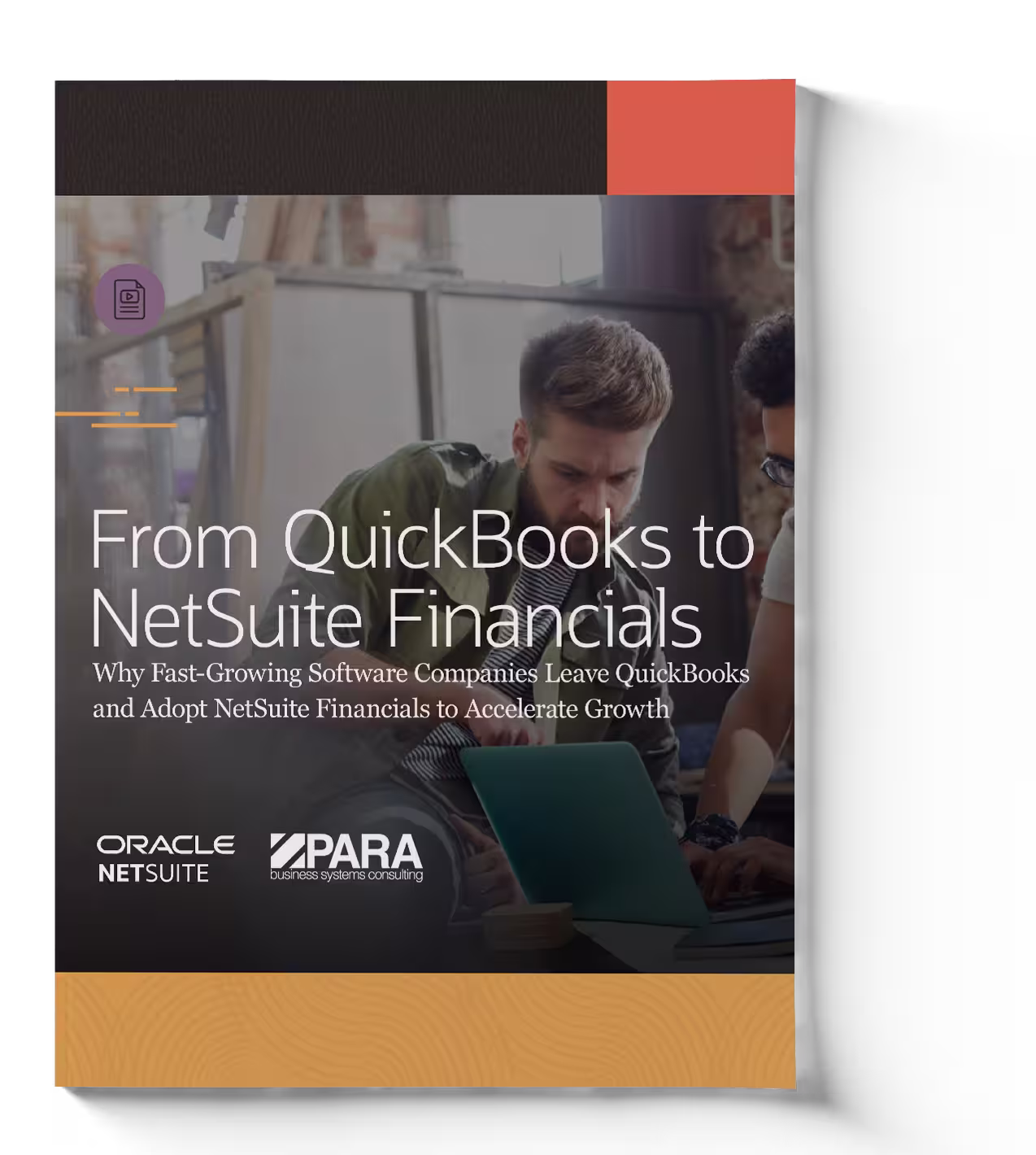 Cover graphic with text “From QuickBooks to NetSuite Financials” and people working on a laptop