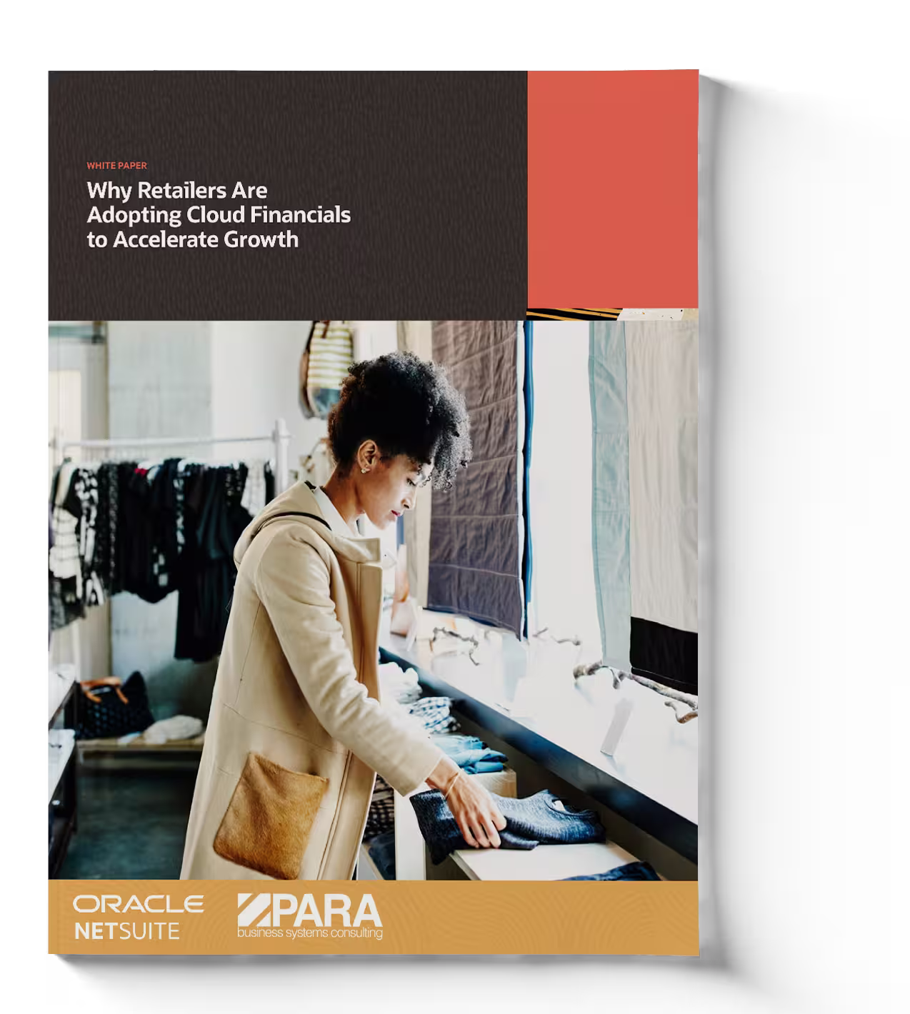 Cover graphic with text “Why Retailers Are Adopting Cloud Financials to Accelerate Growth” and person arranging clothing in a store
