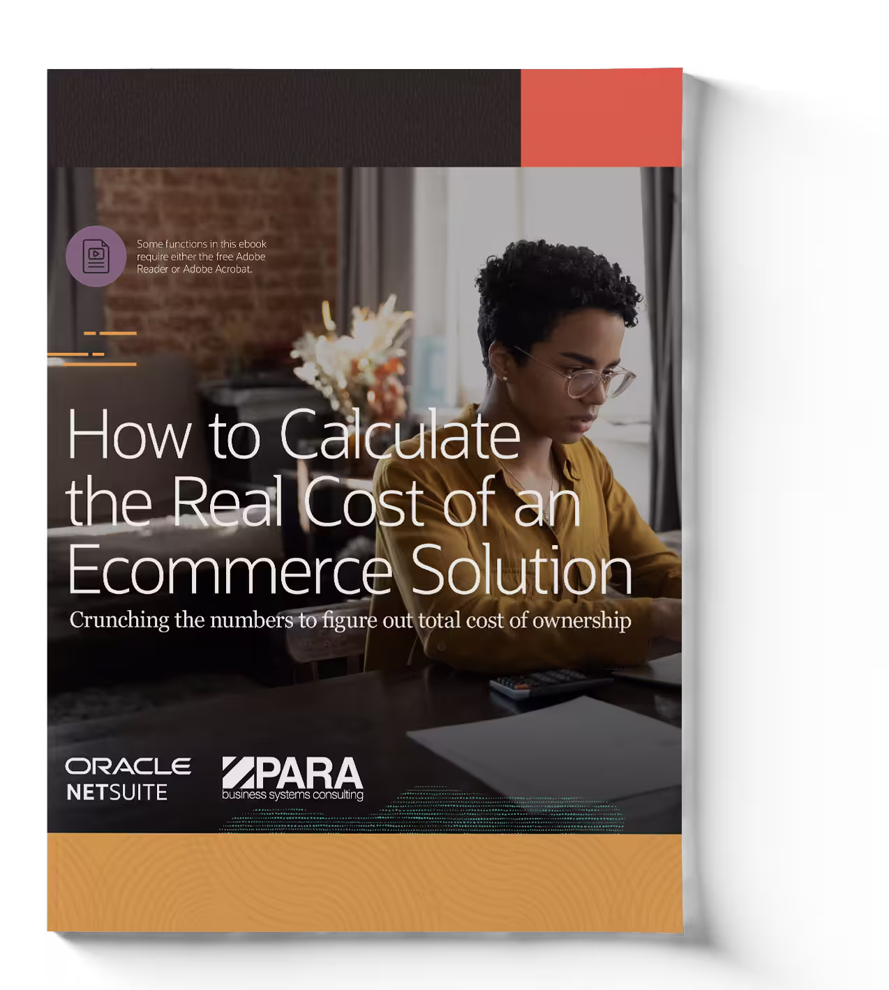 Cover graphic with text “How to Calculate the Real Cost of an Ecommerce Solution” and person working at a desk