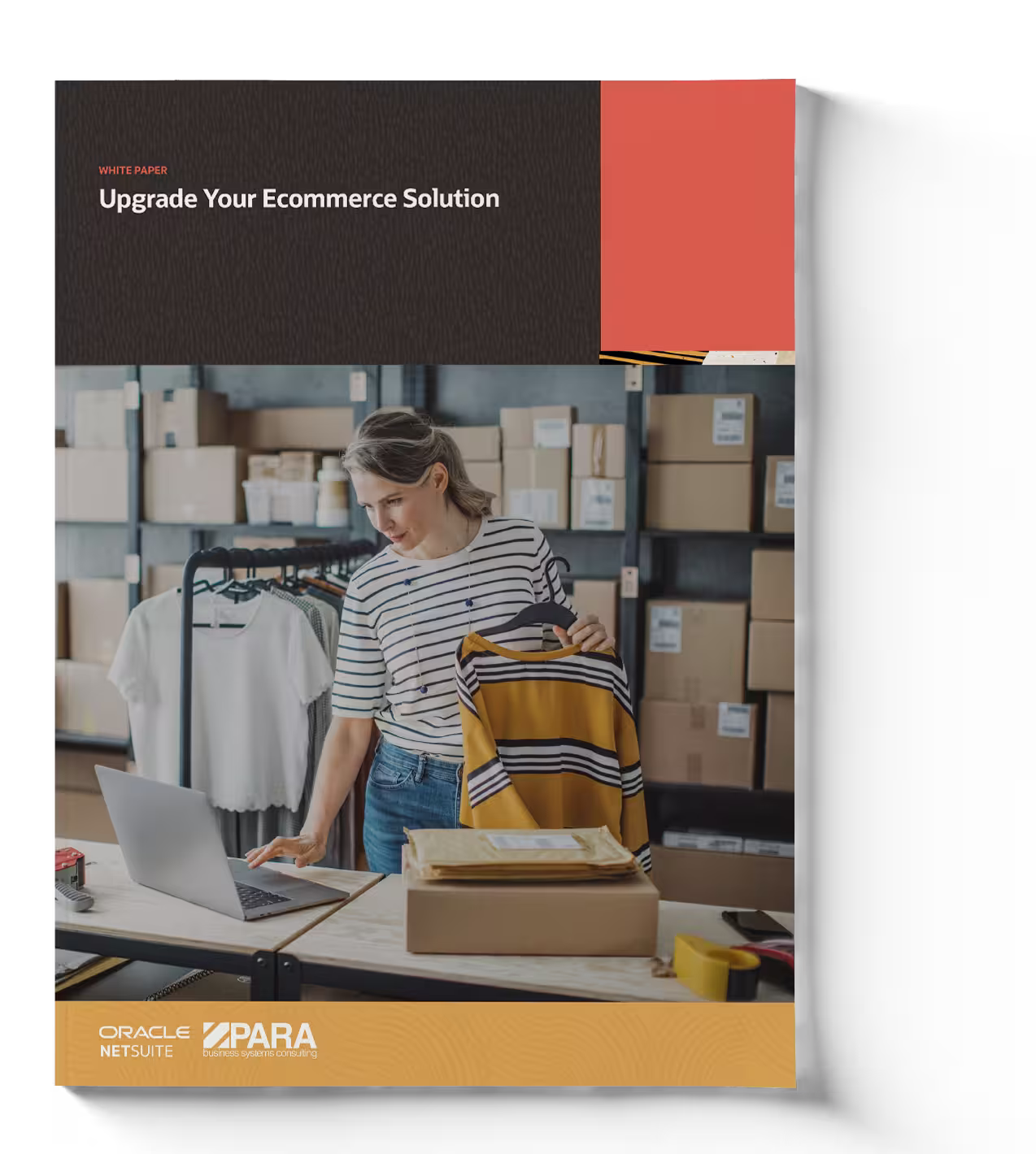 Cover graphic with text “Upgrade Your Ecommerce Solution” and a small business owner preparing orders at a packing station