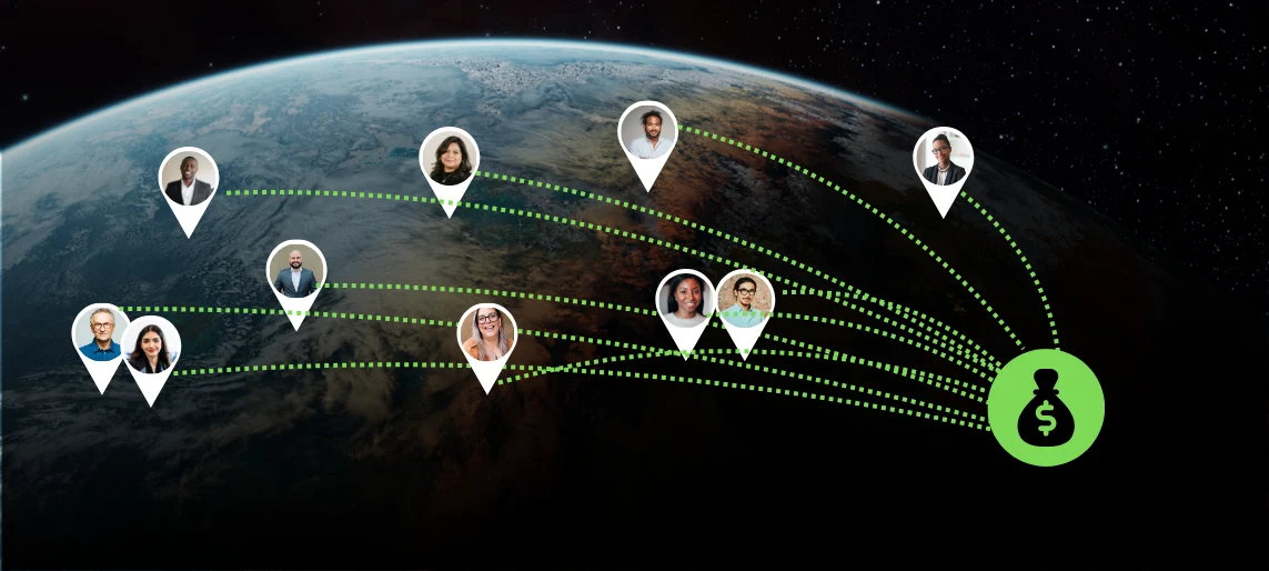 Global payroll illustration showing employees in different countries connected to a central payroll payment hub.