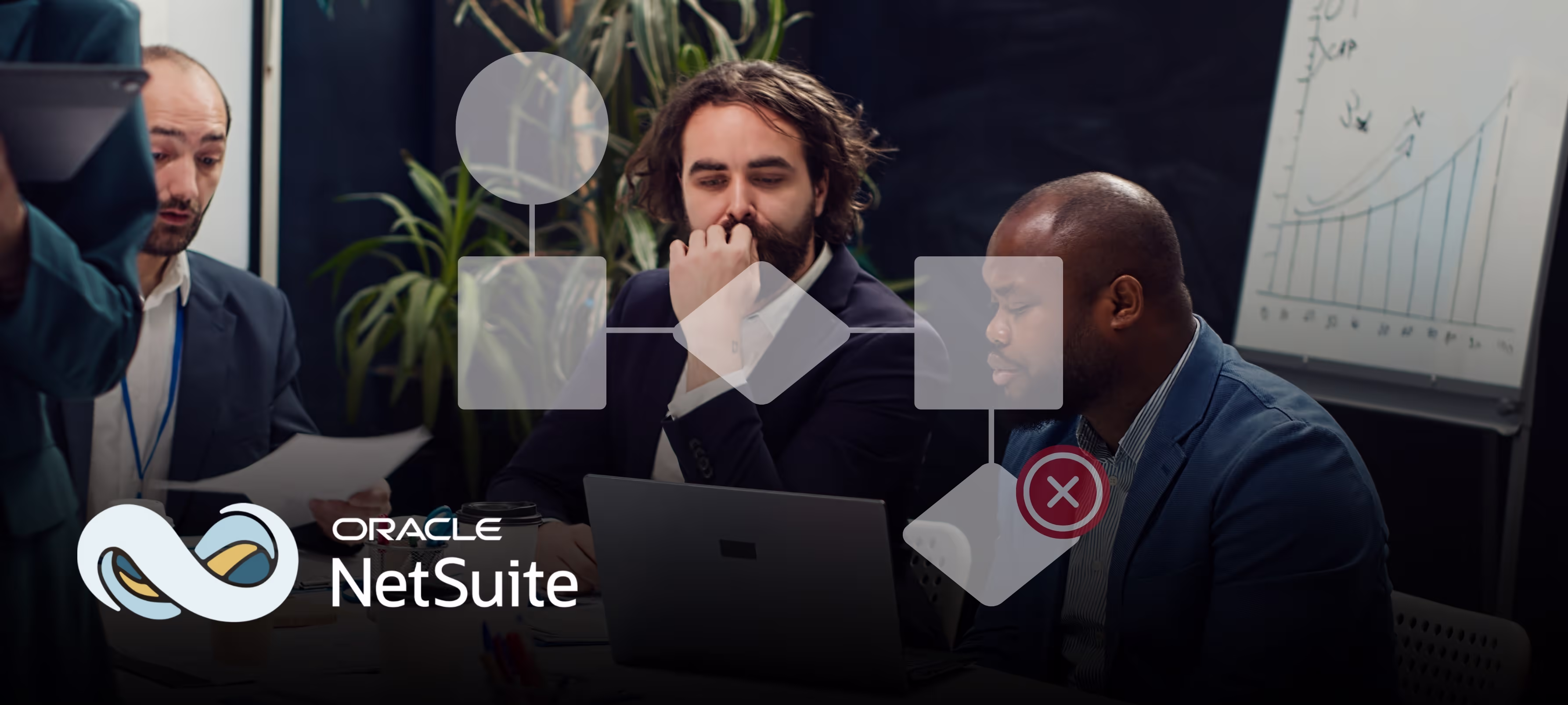 Team meets in an office beside a workflow diagram with a red error mark, illustrating a broken NetSuite approval workflow