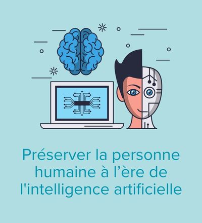 Un homme et un robot, un cerveau et un ordinateur sur fond bleu avec un texte explicatif en bleu