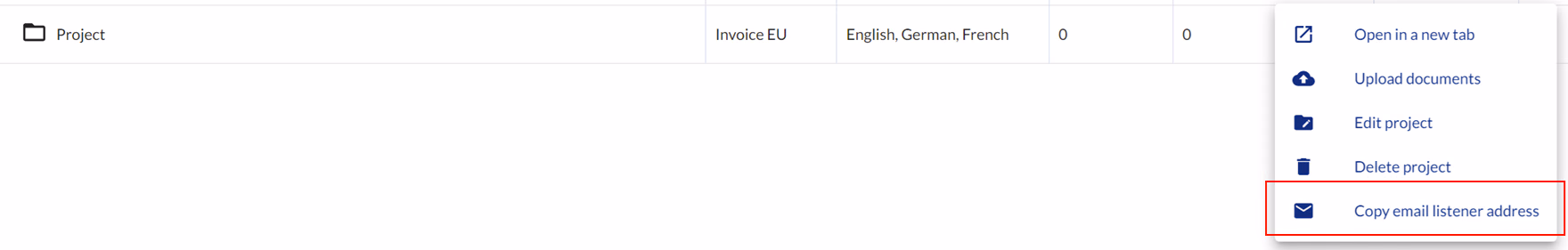 Project email upload address