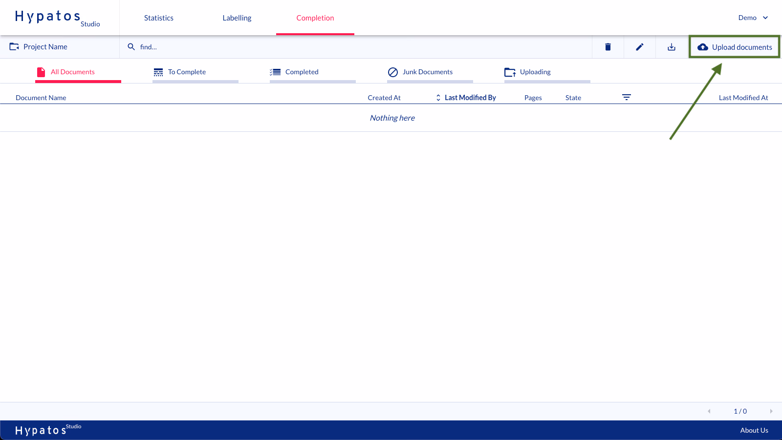 Upload button in a project