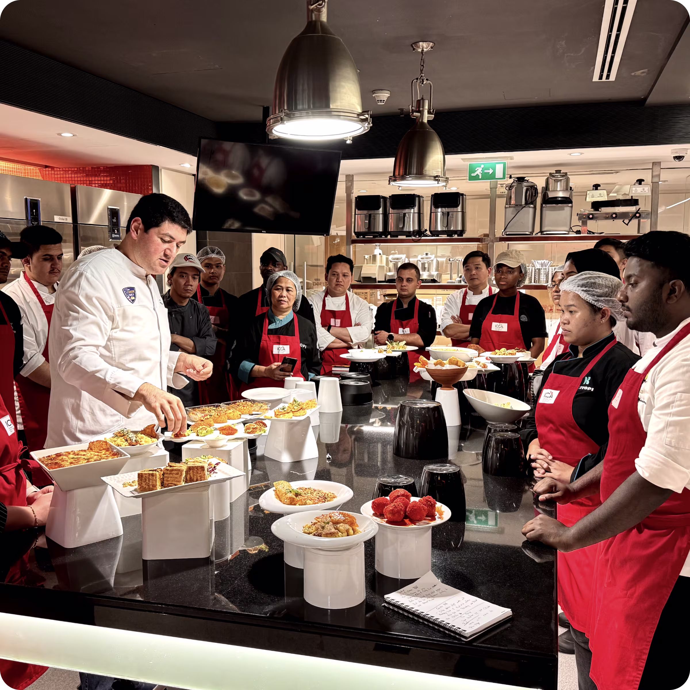 a group of people making recipes