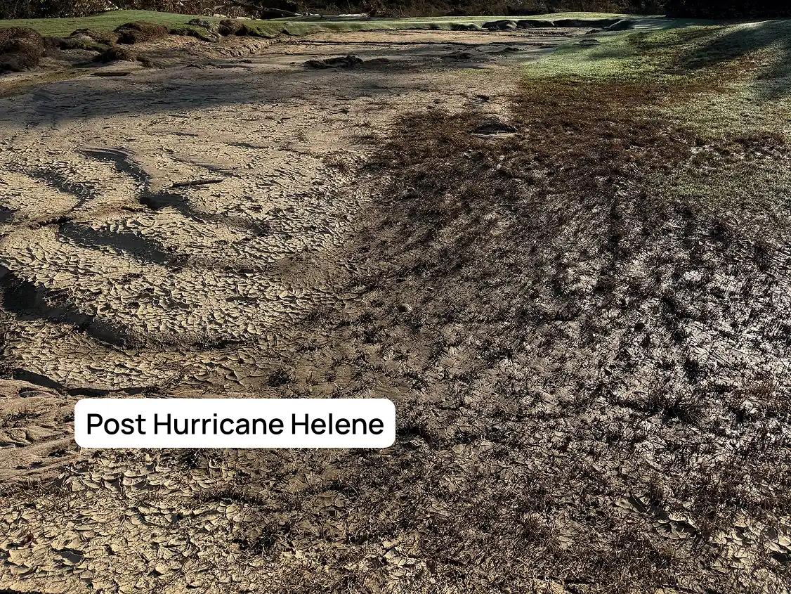 Mud-covered fairway at Broadmoor Golf Links after Hurricane Helene