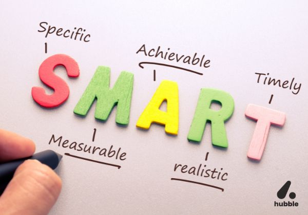 SMART goals framework with colourful letters representing Specific, Measurable, Achievable, Realistic, and Timely.