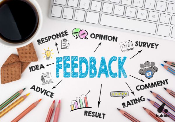 "Feedback" concept with arrows pointing to elements like response, opinion, and results, representing actionable customer insights.