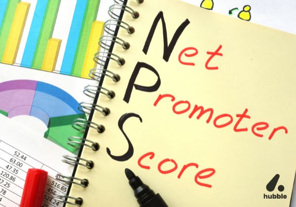Notebook page with 'Net Promoter Score (NPS)' written on it, surrounded by charts and graphs.