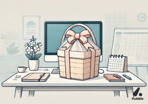 A neatly wrapped gift hamper on an office desk for corporate gift hamper ideas.