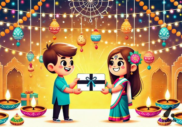 People exchanging gift cards with festive Diwali decorations