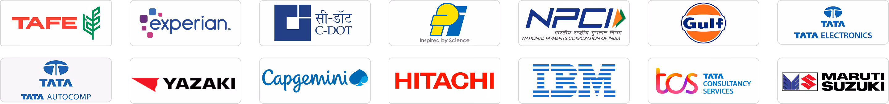 Client logos: Maruti Suzuki, Capgemini, Hitachi, IBM, TCS, NPCI, TAFE, Experian, Gulf, TATA and more