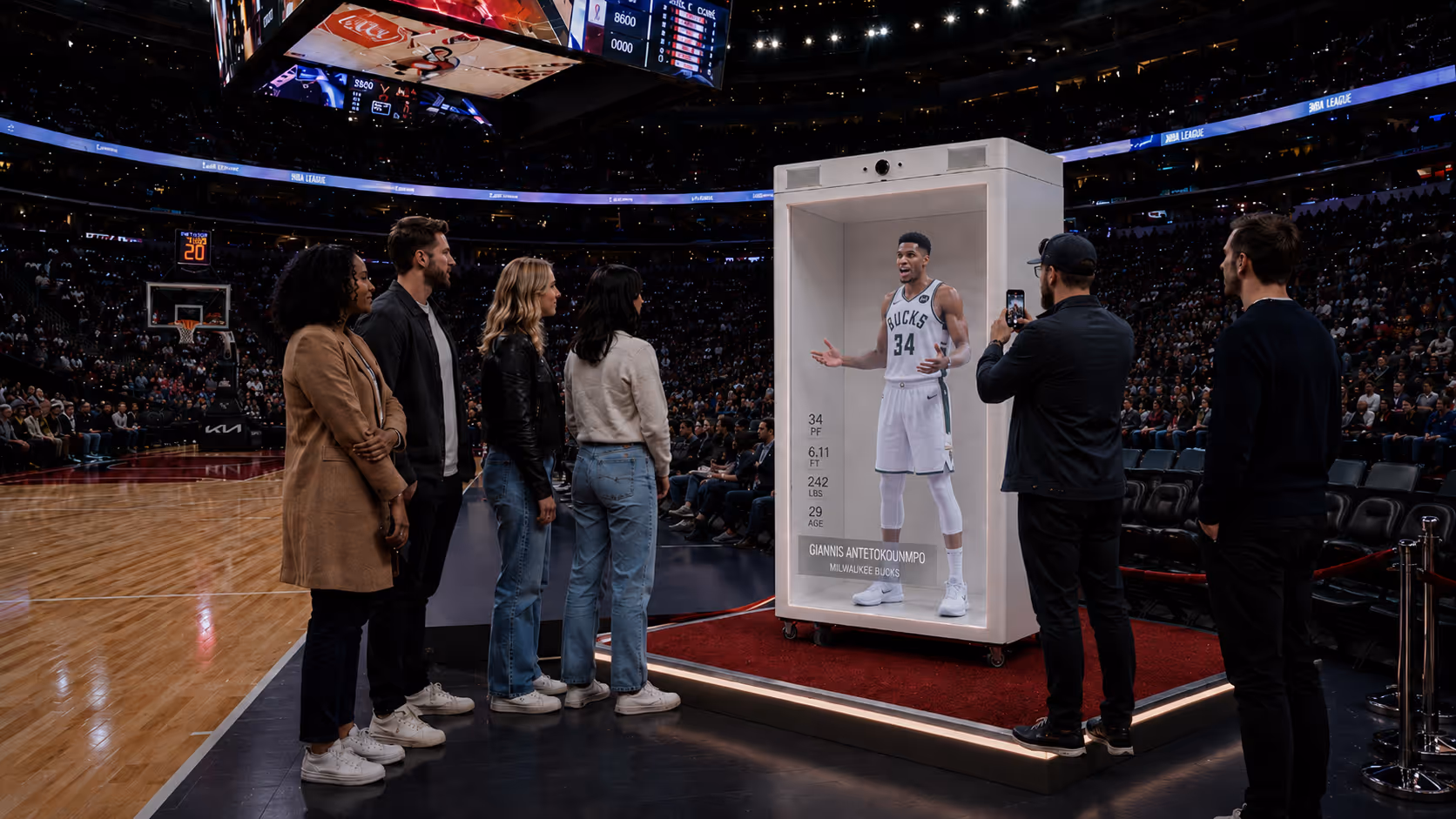 Fans interacting with a life-size HoloBox hologram of an NBA athlete during a live sports broadcasting event.